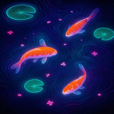 A koi pond seen from above, orange and white koi fish swimming among lily pads, clear water with subtle ripples, fallen cherry blossom petals floating on the surface, dappled sunlight