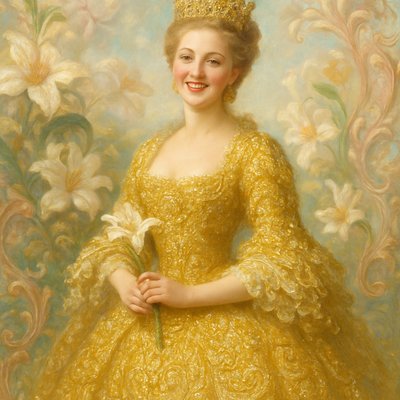 Rococo Art Style, Digital Art Style, a brilliantly joyful, opulent, and ornate three-quarter-length portrait of "The Queen in Gold of Ophir," inspired by Psalm 45. The Queen is facing the viewer with a radiant, happy, and genuinely smiling expression, her pose one of graceful delight. She is adorned in an exquisitely detailed gown woven from the finest gold, which shimmers with a dazzling, intense, almost liquid radiance, typical of Rococo opulence and digital highlight. The gold fabric is intricately embellished with countless sparkling jewels and delicate scrolling patterns in shades of ivory and pearl. A magnificent golden crown, wreathed in tiny golden lilies, rests upon her head. Her hands are gently placed, perhaps holding a single, pure white lily. She is framed by a background featuring large, lush, stylized white and golden lilies and an ornate, soft-focus garden setting bathed in sweet, cheerful daylight. Focus intently on the dazzling, reflective shimmer and ornate detail of the gold gown, the Queen's beautiful, joyous smile, and the light, ethereal quality of the Rococo setting.