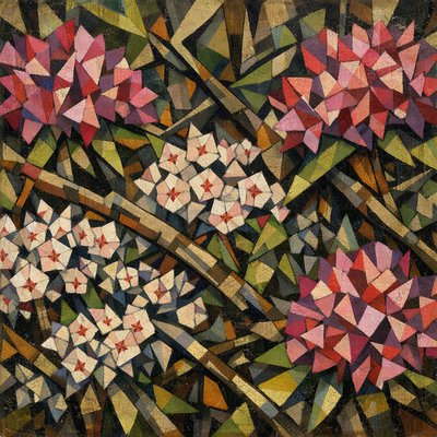 Art Style: Analytical Cubism, avant-garde oil painting style reminiscent of Picasso and Braque.

Subject: A dense, tangled thicket of Rhododendrons and Mountain Laurel bushes.

Composition & Details: The entire natural scene is deconstructed into overlapping geometric planes, fractured shards, and intersecting angles. There are no curved lines; everything is rendered in cubes, cones, and trapezoids.

    The Rhododendrons: Large, showy flower trusses are broken into faceted crystalline structures of deep magenta, rose pink, and violet blocks, looking like explosions of colored quartz rather than soft petals.

    The Mountain Laurels: The smaller, intricate flowers are rendered as complex, repeating geometric star-patterns and angular cups in white and pale pink with distinct red polygonal markings.

    Foliage & Branches: The thick, leathery leaves are fragmented green triangles and parallelograms overlapping each other, creating a sense of depth without traditional perspective. The woody stems and branches are jagged, intersecting brown and grey cylinders that shatter across the frame.

Color & Texture: A palette of muted earth tones—ochre, burnt umber, forest green, and slate grey—contrasted sharply with the jewel-toned facets of the flower colors. The finish should have a heavy, textured oil paint feel with visible palette knife marks and rough brushwork.