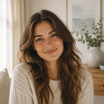 head-and-shoulders portrait of an original character: a young woman with wavy chestnut hair and a warm smile, plain soft backdrop