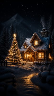 a snow-covered cottage with warm glowing windows beside a decorated pine tree, gentle snowfall, no text