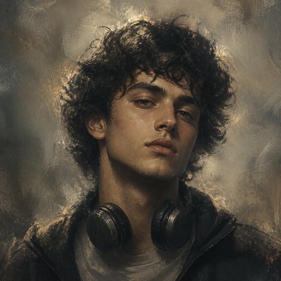 head-and-shoulders portrait of an original character: a young man with curly dark hair and headphones around his neck, plain backdrop, no text