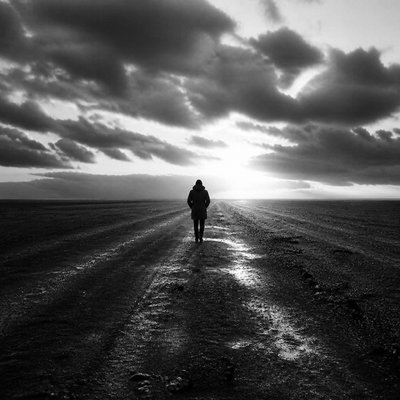 a solitary figure walking toward a glowing horizon across an empty plain, moody atmosphere, no text or lettering
