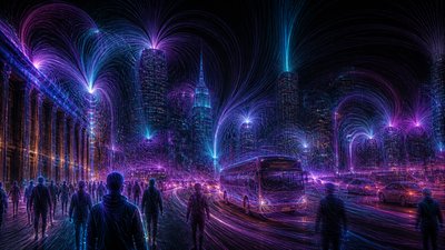 bustling city street panorama at dusk