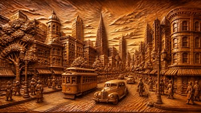 bustling city street panorama at dusk
