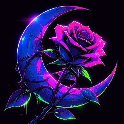 a rose entwined with a crescent moon, clean balanced composition on a plain background, no text