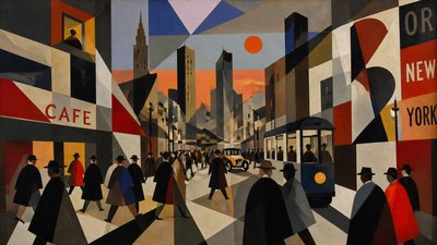 bustling city street panorama at dusk