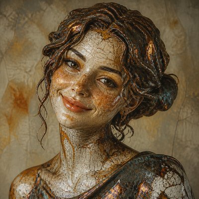 head-and-shoulders portrait of an original character: a young woman with wavy chestnut hair and a warm smile, plain soft backdrop