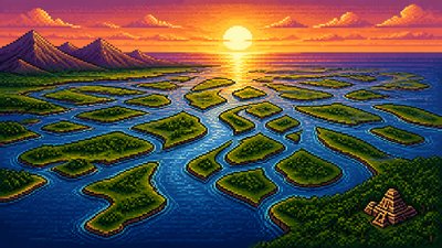 a wide river delta seen from above at sunset, no people