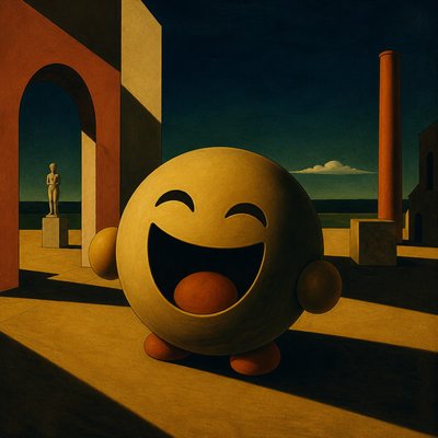 an exaggerated laughing face of an original round mascot character, bold and readable at small size, plain background, no text