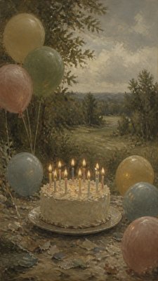 a birthday cake with lit candles surrounded by balloons and confetti, festive vertical composition, no text