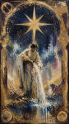 a robed figure pouring water beneath a large eight-pointed star in a night sky, symmetrical composition with an ornate decorative border, no text