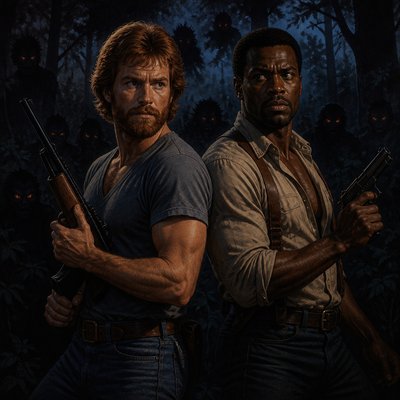 Je veux que tu me fasses 2 homme un peu dans les années 80 américains un homme blanc roux les cheveux courts mi long avec une barbe rousse plus foncé et habillée en en decontracté ,tee shirt en v decontract mais il tient un fusiil et une homme noir cheveux noir barbe rasé de pres fort , machoir carré. Il est habillé en chemise longue manche remonté ,  et deboutoné au niveau du torse il tient aussi un fling il a des bretelles. Ils sont a dos entouré de monstre mais genre on voit que leur ombres (pas de vrai monstres) juste des yeux dans la foret et des silhouette 
