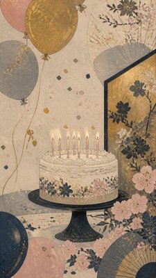 a birthday cake with lit candles surrounded by balloons and confetti, festive vertical composition, no text