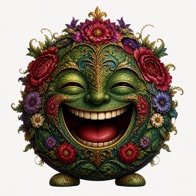 an exaggerated laughing face of an original round mascot character, bold and readable at small size, plain background, no text