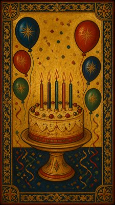 a birthday cake with lit candles surrounded by balloons and confetti, festive vertical composition, no text
