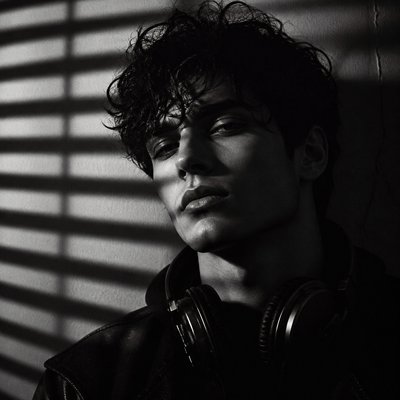 head-and-shoulders portrait of an original character: a young man with curly dark hair and headphones around his neck, plain backdrop, no text