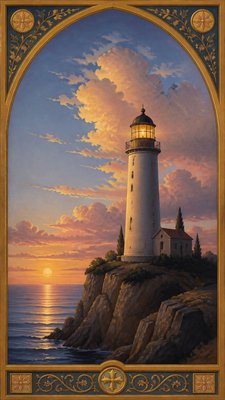 a lone lighthouse on a cliff at dusk under a dramatic sky, no text or lettering
