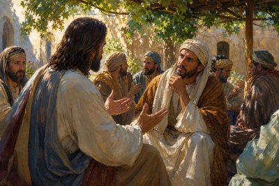 “And one of the scribes came up and heard them disputing with one another, and seeing that he answered them well, asked him, “Which commandment is the most important of all?” Jesus answered, “The most important is, ‘Hear, O Israel: The Lord our God, the Lord is one. And you shall love the Lord your God with all your heart and with all your soul and with all your mind and with all your strength.’ The second is this: ‘You shall love your neighbor as yourself.’ There is no other commandment greater than these.” And the scribe said to him, “You are right, Teacher. You have truly said that he is one, and there is no other besides him. And to love him with all the heart and with all the understanding and with all the strength, and to love one’s neighbor as oneself, is much more than all whole burnt offerings and sacrifices.” And when Jesus saw that he answered wisely, he said to him, “You are not far from the kingdom of God.”  Jesus stands among His disciples in a shady patio area outdoors talking to this scribe.  His disciples wonder at the exchange.  Several of them are also engaged in conversations set around the one Jesus is having.  We see Jesus from the left rear quarter, where we can see only the back of His head and the side of his face.  His hands are expressing His point.  The scribe to whom He speaks has a poignant, thoughtful expression.