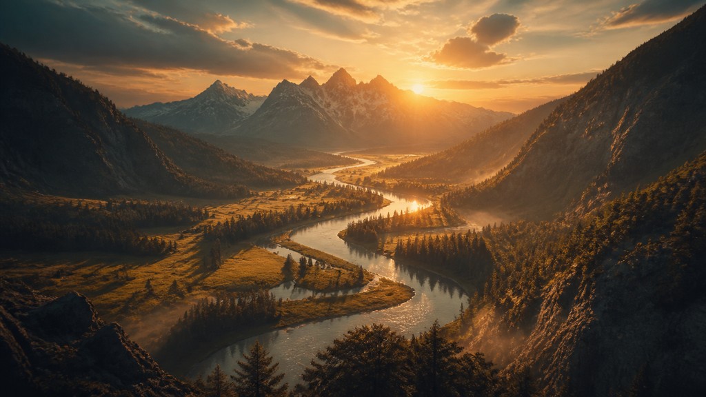 a vast valley with a river winding toward distant mountains at sunrise, no people, no text