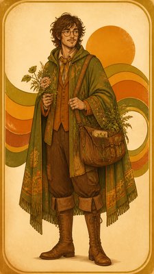 full-body original character: a wandering botanist with a satchel of plants, a patched green cloak, tall boots and round glasses, neutral background