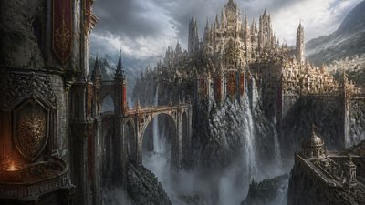 a cliffside city with waterfalls cascading into a misty canyon, wide establishing shot, no people, no text