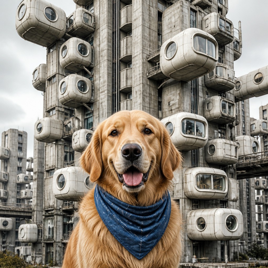 portrait of a golden retriever wearing a blue bandana, warm plain backdrop, no text