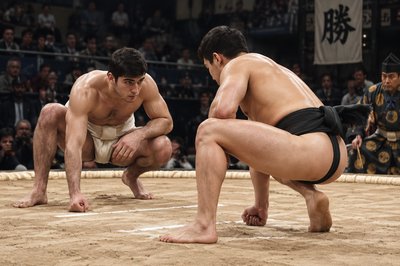 two sumo wrestlers in the middle of a wrestling ring