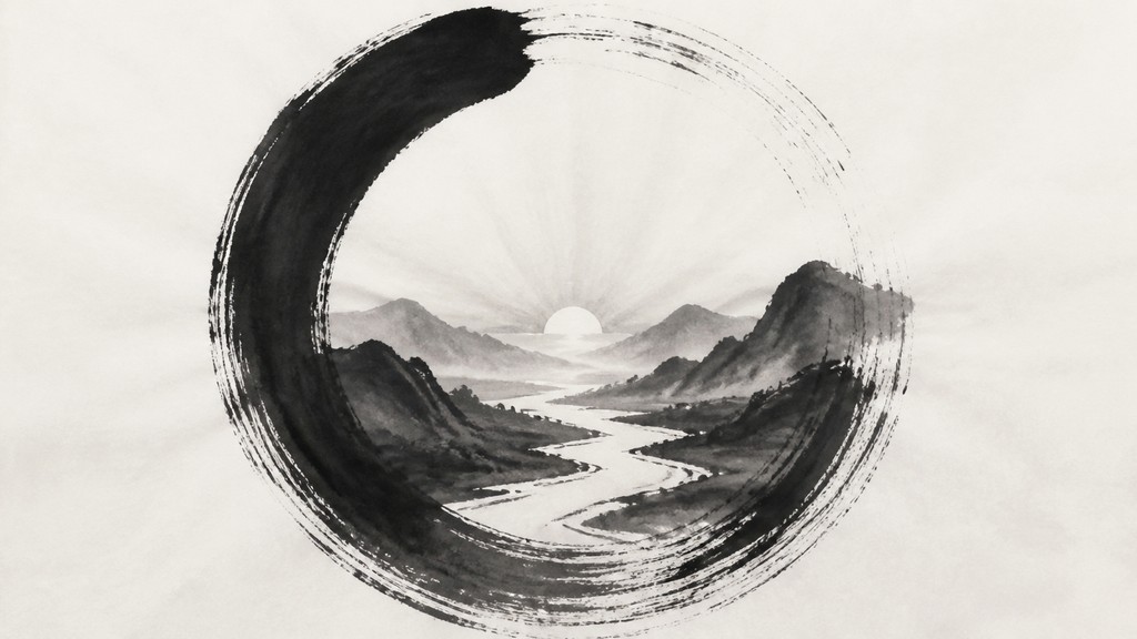a vast valley with a river winding toward distant mountains at sunrise, no people, no text