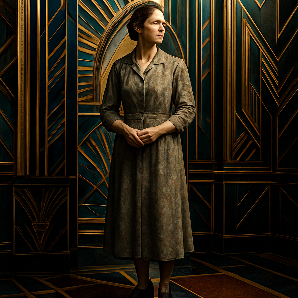 A woman dressed in Great Depression era fashion, standing in a dimly lit, humble setting. She wears a modest, long-sleeved dress made of durable, slightly faded cotton or rayon, with a mid-calf hemline. The dress is a muted color like dusty blue, faded green, or soft brown, possibly with a subtle, small floral or geometric pattern. Her hair is styled simply, perhaps in soft waves or a practical updo, and she wears sturdy, low-heeled lace-up shoes. Her posture is resilient, reflecting the strength of the era. The background is simple and sparse, hinting at the economic hardship, perhaps an old wooden wall or a faded curtain. The overall feeling is one of quiet determination and dignified hardship Use Art Deco architecture or Art Deco interior in the background, but describe the fashion as faded, worn, and humble. Juxtapose the sleek, modern geometry of the setting with the practical, mended, and heavy wool textures of the clothing.