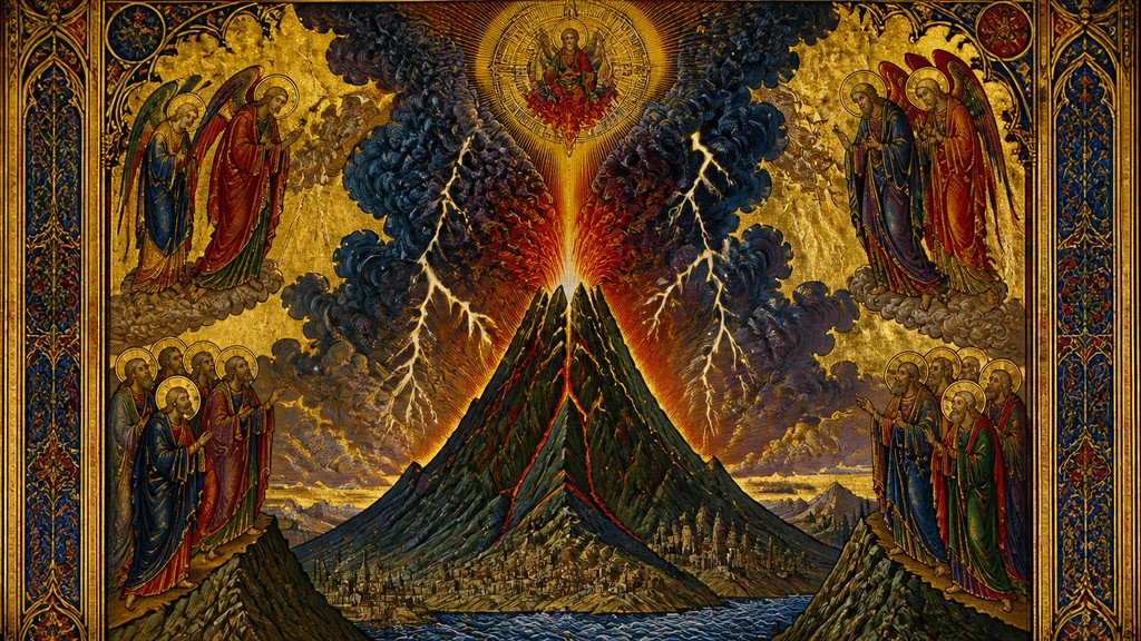 an erupting volcano with lightning strikes, dramatic wide composition, no text