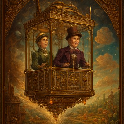 An awe-inspiring and whimsical scene featuring Willy Wonka's Great Glass Wonkavator, soaring through the sky and beyond the confines of the chocolate factory. The Wonkavator itself is a magnificent, multi-directional glass elevator, transparent and sparkling, with a middle aged Willy Wonka (wearing his iconic top hat, purple coat, and bowtie) and a young Victorian well dressed lady looking out with expressions of joy, wonder and excitement. The interior is filled with intricate buttons and levers for controlling its magical flight. The Wonkavator is depicted in mid-flight, perhaps bursting through the factory roof or ascending above the clouds. Below it, the fantastical landscape of the Chocolate Factory is visible – chocolate rivers, edible gardens, candy cane trees, and various whimsical buildings. Beyond the factory, a stunning, imaginative sky unfolds, perhaps with floating candy clouds, distant fantastical landmarks, or even glimpses of outer space and planets. The lighting is bright and magical, emphasizing the glass's transparency and the vibrant colors of the world below and beyond. The overall mood is one of boundless adventure, limitless possibilities, and pure, joyful fantasy."