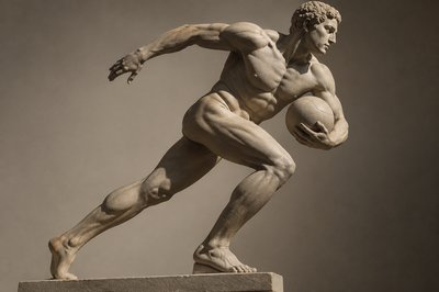 an ancient greek ignudi athlete running with a ball