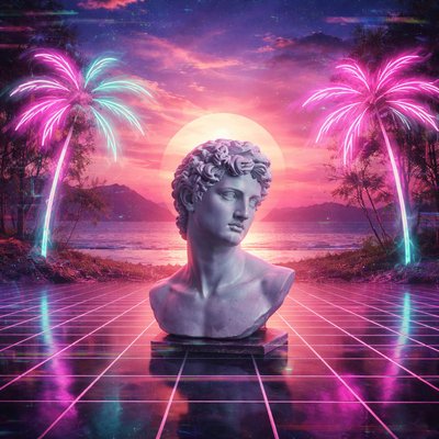 Surreal vaporwave landscape at sunset, marble Greek bust on checkered grid floor, neon palm trees glowing pink and teal, VHS glitch effects, retro 90s aesthetic, dreamy nostalgic atmosphere, high detail