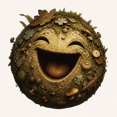 an exaggerated laughing face of an original round mascot character, bold and readable at small size, plain background, no text