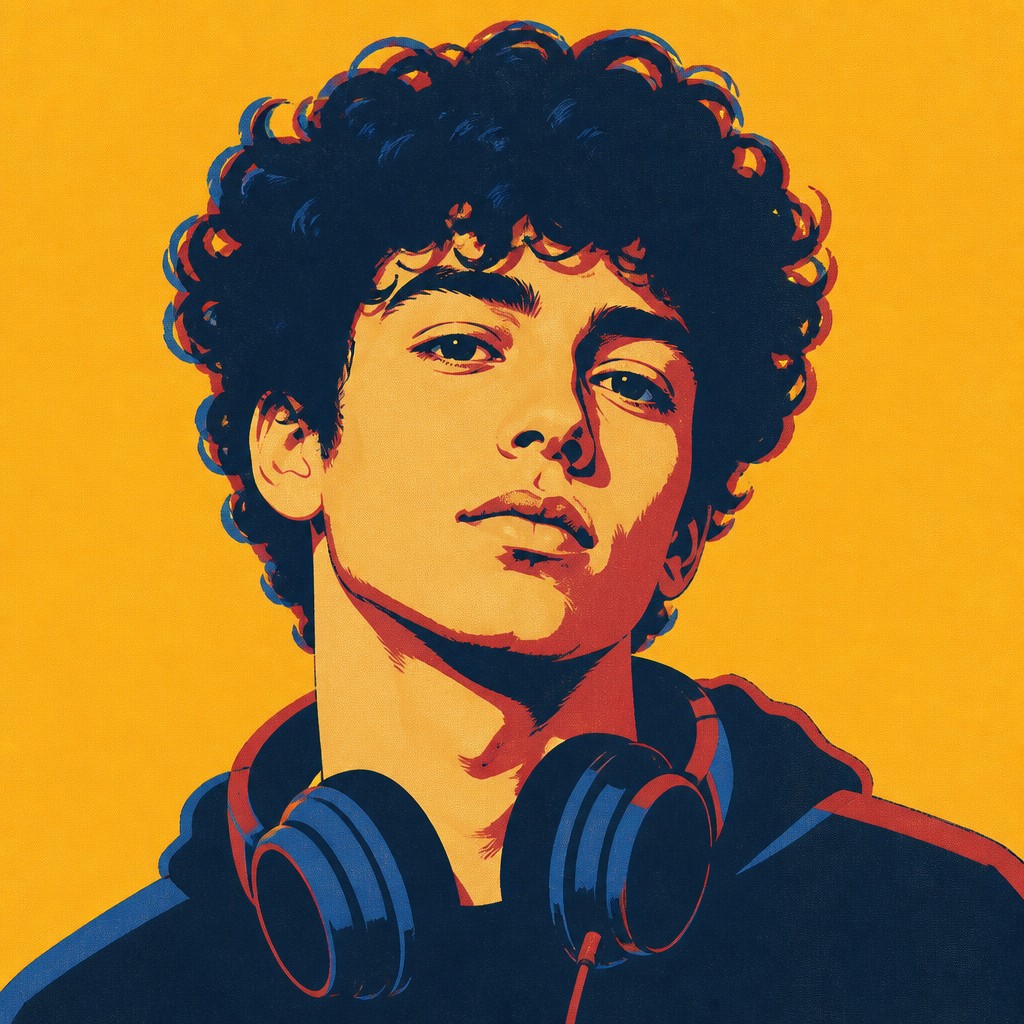 head-and-shoulders portrait of an original character: a young man with curly dark hair and headphones around his neck, plain backdrop, no text