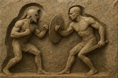 a statue of two men fighting over a mirror