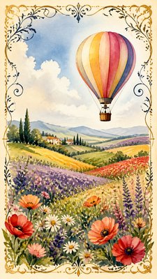 a hot air balloon drifting over rolling flower fields on a sunny day, cheerful, no text