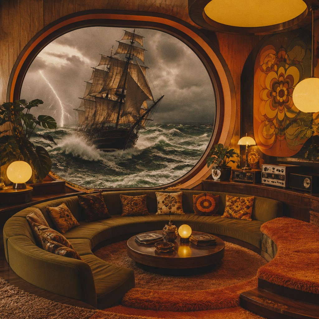 sailing ship on a stormy sea — Retro 70s Interior Design