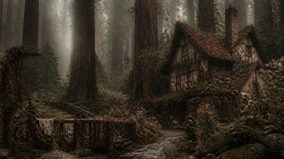 a panoramic redwood forest with light rays through mist, no people