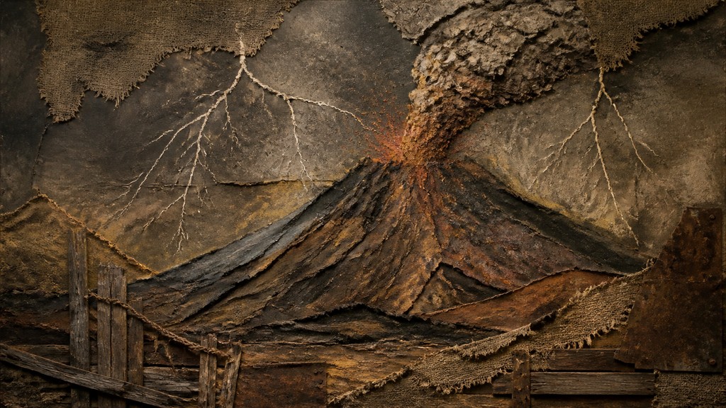 an erupting volcano with lightning strikes, dramatic wide composition, no text