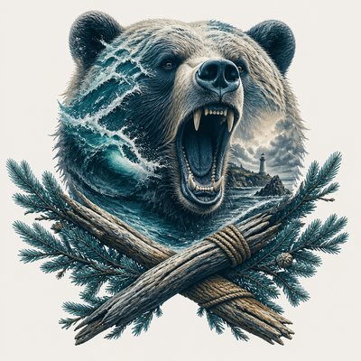 a roaring bear head above crossed pine branches, bold graphic composition on a plain background, no text