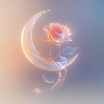 a rose entwined with a crescent moon, clean balanced composition on a plain background, no text