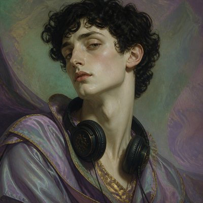 head-and-shoulders portrait of an original character: a young man with curly dark hair and headphones around his neck, plain backdrop, no text