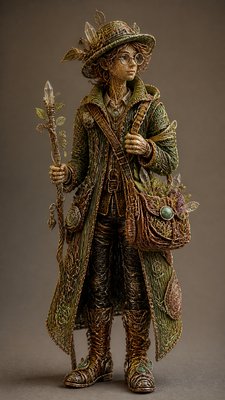 full-body original character: a wandering botanist with a satchel of plants, a patched green cloak, tall boots and round glasses, neutral background