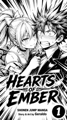 **Hearts of Ember – Official Manga Volume Cover Description**  The cover is designed in classic **Shonen Jump manga volume style**, with a clean white background that makes the characters stand out sharply.  In the center of the cover stand Blake and Rosé in a tight close-up composition. The art is pure manga style: strong black outlines, clean cel-shading, sharp shadows, and highly expressive faces. The linework is confident and polished, matching the look of high-quality Jump volume covers.  Rosé is positioned on the left, leaning in close. Her silver-grey hair is drawn with sharp, flowing strands tied in a high ponytail with a yellow ribbon. Her bright green eyes have strong highlights, and she wears a calm, teasing smirk. A light blush sits on her cheeks. She is wearing a yellow dress with clean folds and small pearl details, along with a black choker and geometric silver earrings. Her expression is relaxed and in control.  Blake is on the right, looking completely flustered. His spiky red hair is drawn with energetic, sharp spikes. His eyes are wide and panicked, with heavy red blush across his face rendered in classic manga style. He wears a black suit, white shirt, and bold red tie, all drawn with clean folds and solid black areas. His posture feels stiff and overwhelmed.  Their faces are extremely close, creating clear character chemistry. The lighting is bright and even, typical of Jump covers, with only minimal background shading so the focus stays entirely on the two characters.  At the bottom of the cover, in large, bold, stylized lettering, the title **HEARTS OF EMBER** sits prominently.  Below the title, in clean text:  **SHONEN JUMP MANGA**  Under that:  **Story & Art by Geraldo**  In the bottom right corner, a solid black circle contains the volume number in big white digits.  The overall design follows the exact structure of classic Shonen Jump volume covers: clean white background, strong character focus, bold title logo at the bottom, author credit, and volume number badge. The art style is clearly manga — sharp lines, expressive faces, and high contrast — so it immediately reads as an official Jump volume.