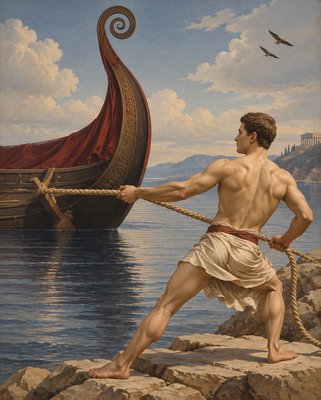 a painting of a man holding a rope with a boat in the background
