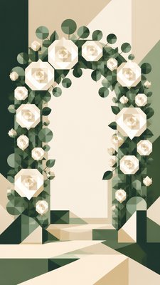 an arch of white roses and eucalyptus in soft morning light, elegant vertical composition with open space, no text