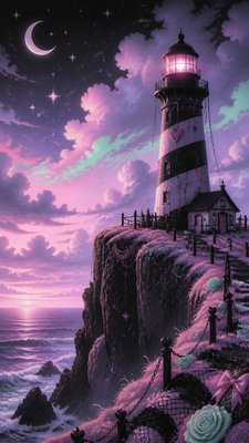 a lone lighthouse on a cliff at dusk under a dramatic sky, no text or lettering