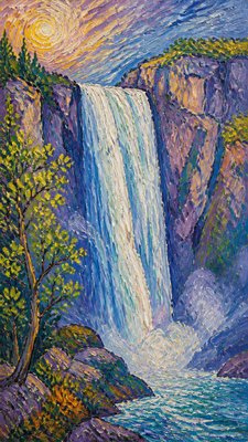towering waterfall cascading down a cliff